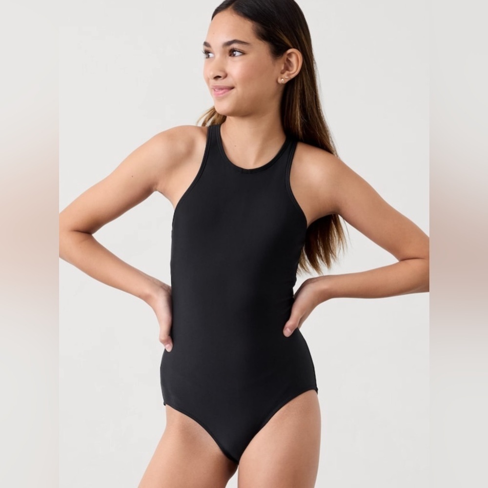NWT Athleta Girl High Neck One Piece Black Swimsuit Size Medium/8-10